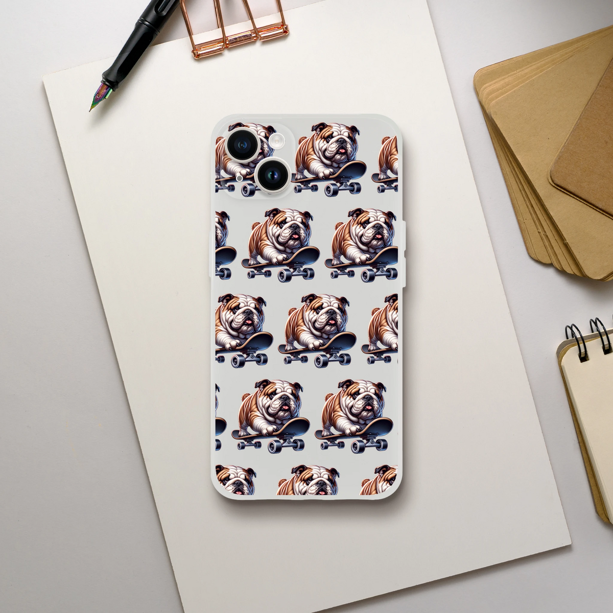 Clear iPhone case with a repeating bulldog on skateboard pattern; flexible, protective cover for iPhone 13–16.