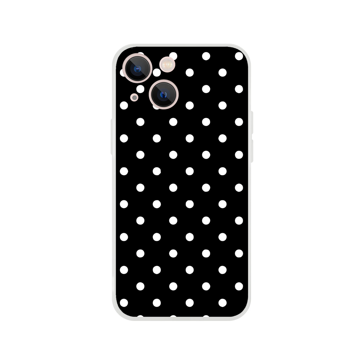 Retro black and white polka dot iPhone case with slim matte TPU shock absorption and wireless charging compatibility for models 13-16.