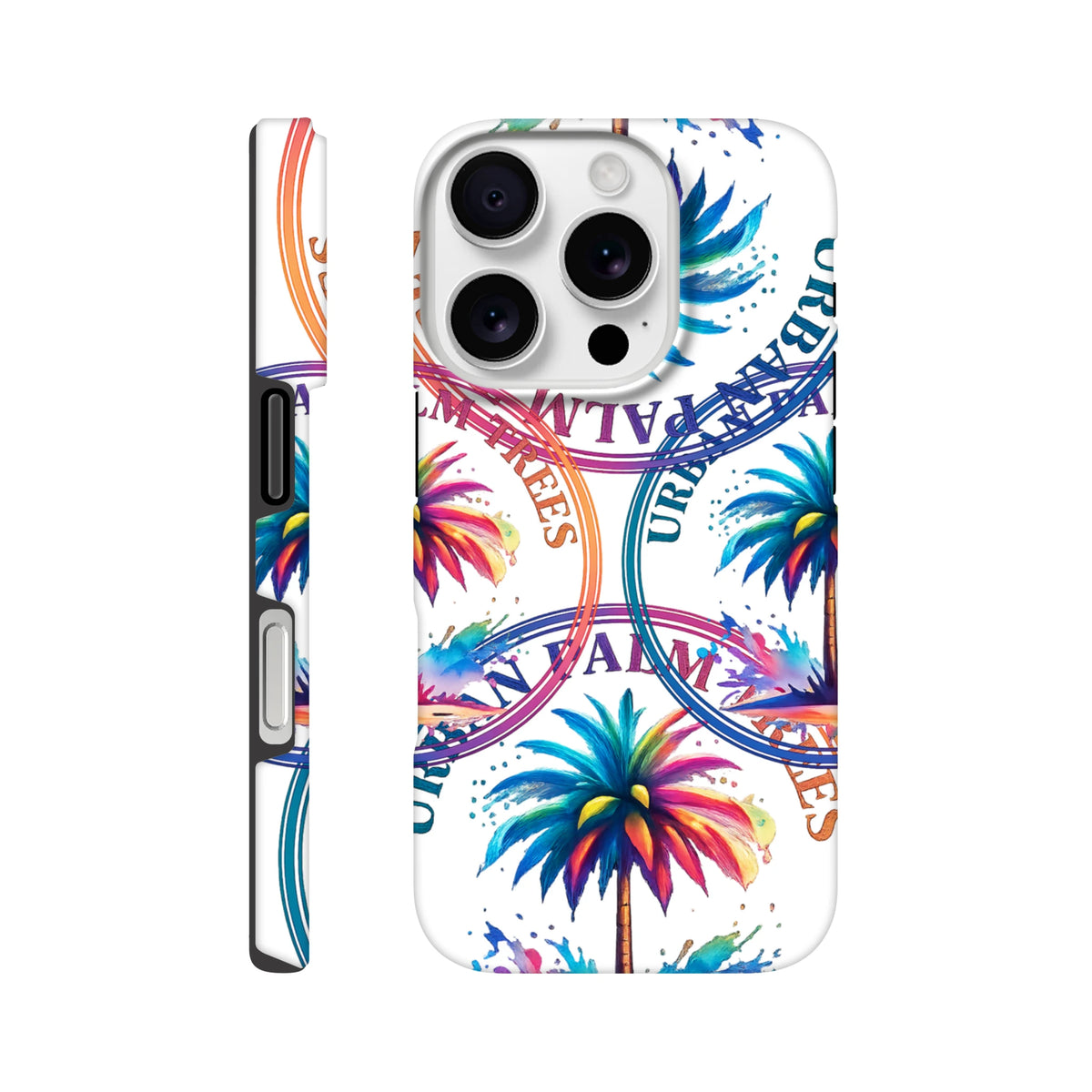 Vibrant tropical streetwear iPhone case featuring colorful watercolor palm trees and Urban Palm Trees typography on a white background.