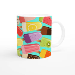 Colourful ceramic mug featuring a retro pattern of assorted fruit popsicles and ice lollies on a bright teal background.