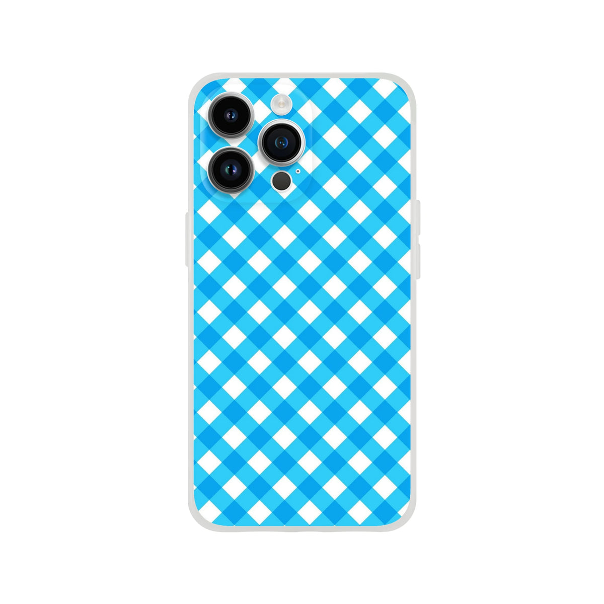 Blue gingham iPhone case for models 13-16 with a preppy checkered graphic print.