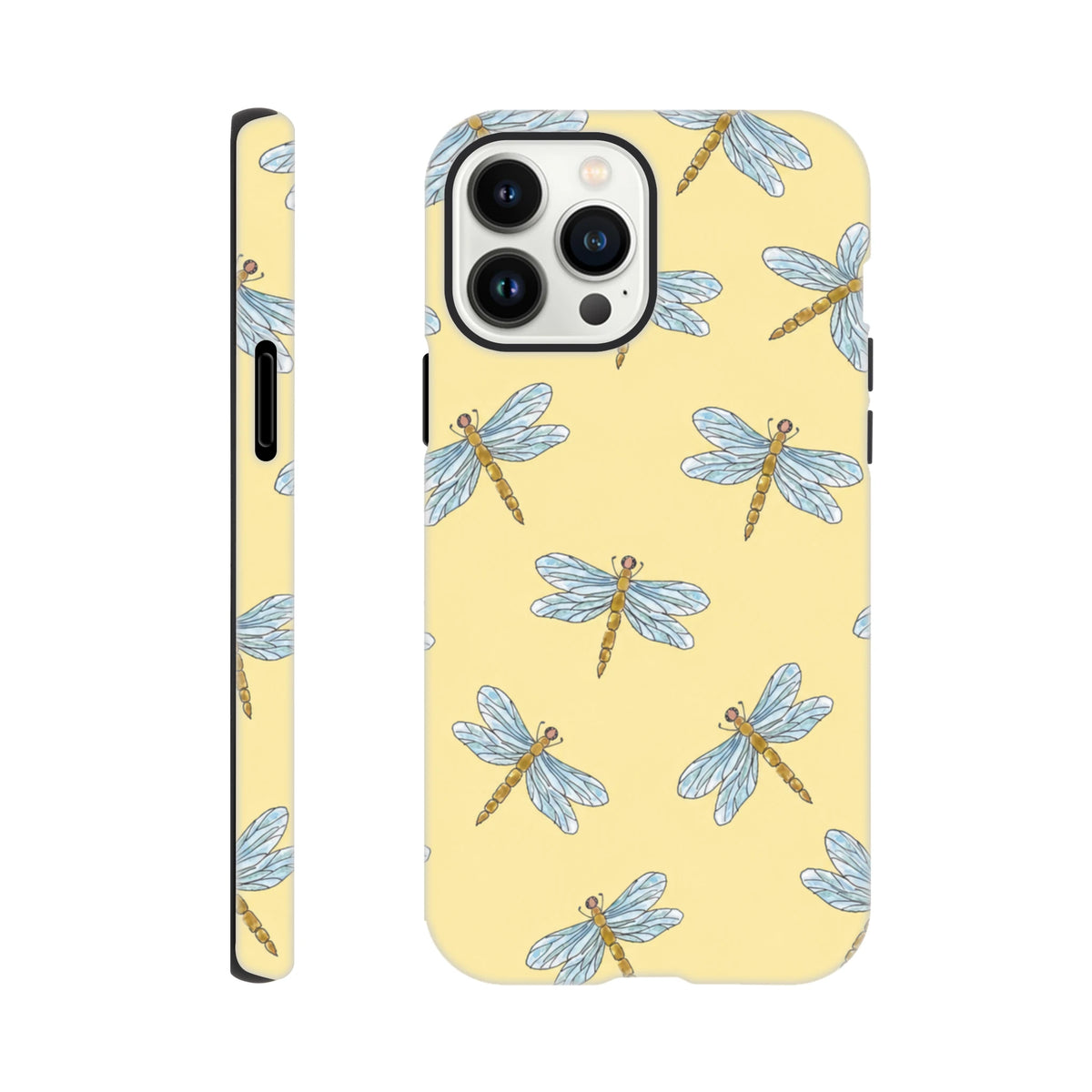 Yellow iPhone case featuring a watercolor dragonfly pattern on a pale background. Tough protective phone cover for iPhone 13-16.