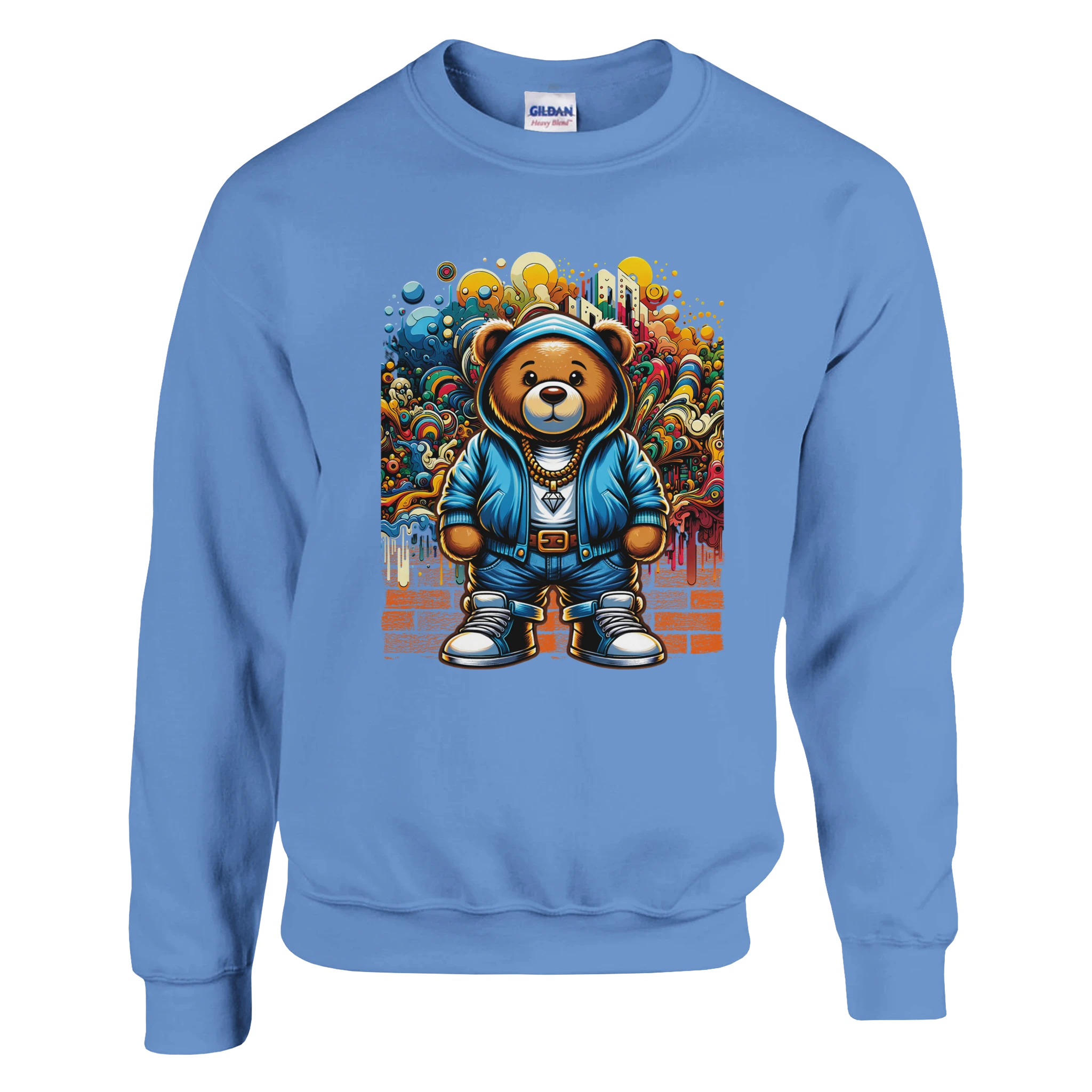 Urban Teddy Bear men's graphic sweatshirt in blue with a bear in hoodie against a colorful graffiti backdrop.