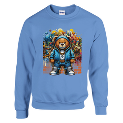 Urban Teddy Bear men's graphic sweatshirt in blue with a bear in hoodie against a colorful graffiti backdrop.