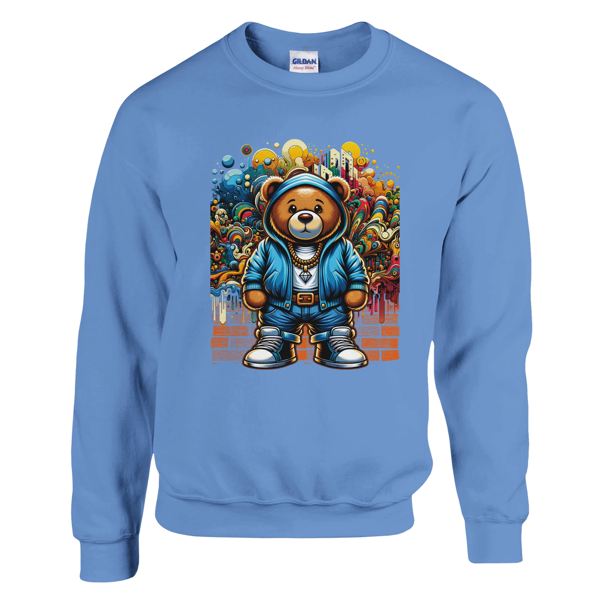 Urban Teddy Bear men's graphic sweatshirt in blue with a bear in hoodie against a colorful graffiti backdrop.