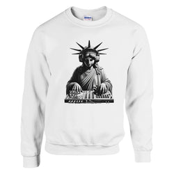 Graphic of Statue of Liberty with headphones DJing at a mixer on white cotton-blend sweatshirt.