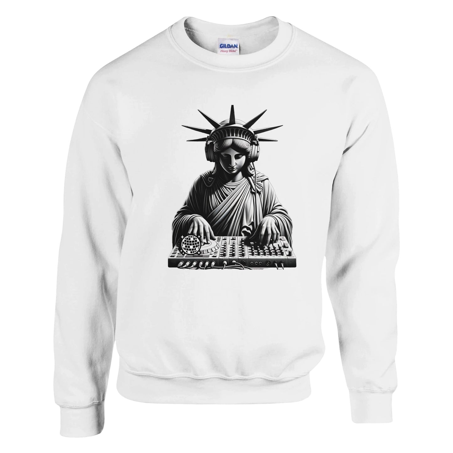 White men's graphic sweatshirt with a graphic of the Statue of Liberty DJing on a white background