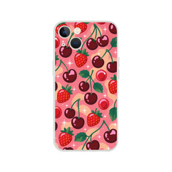 Retro pink iPhone case featuring a cute cherry and strawberry fruit pattern with sparkle accents for models 13 through 16.