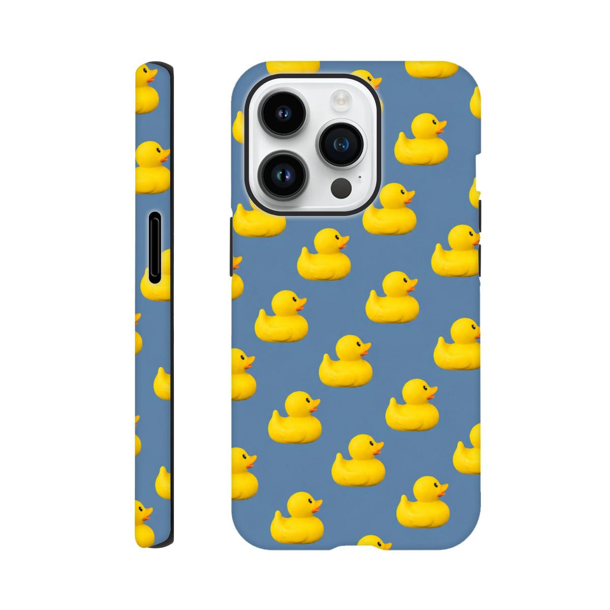 Blue iPhone case featuring a repeating pattern of cute yellow rubber ducks for a kawaii streetwear look.