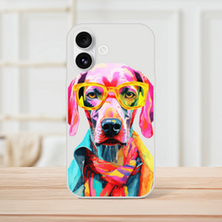 Gent Dog phone case: vibrant dog wearing yellow glasses on a frosty transparent slim protective cover for iPhone 13-16