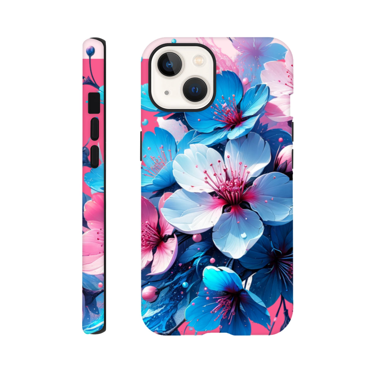 Vibrant blue and pink floral design tough iPhone case for models 13-15. Durable flower phone cover for urban style.