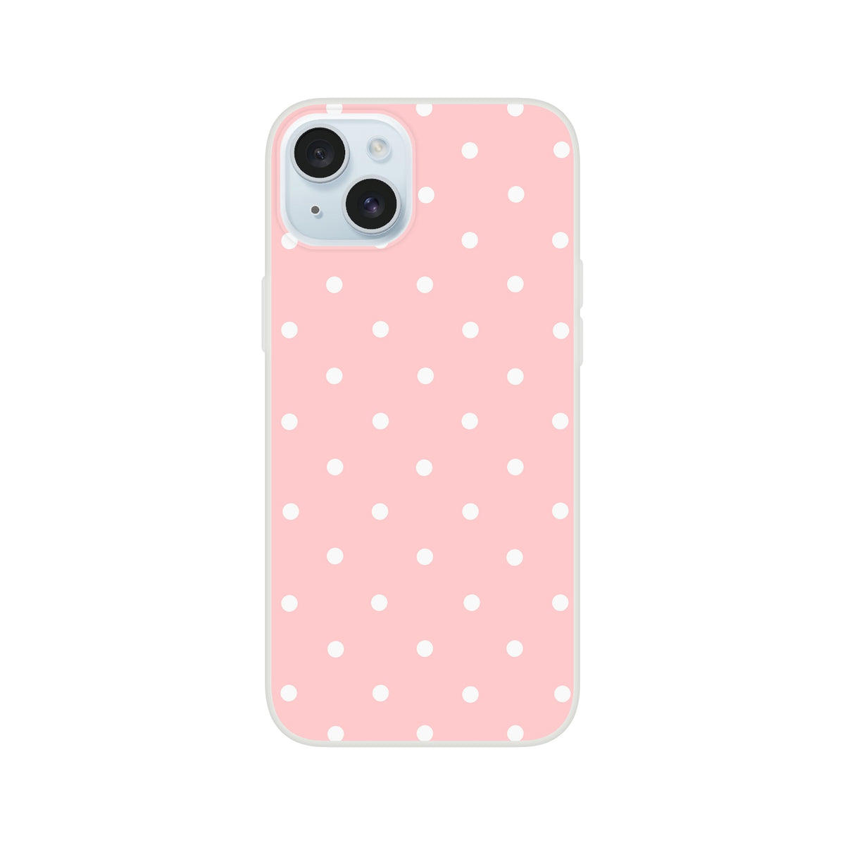 Retro pastel pink and white polka dot iPhone case with matte finish and shock-absorbing TPU protection for models 13 through 16.