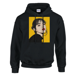 Black hoodie featuring a retro brunette pop art illustration with red lips on a yellow background, vintage streetwear pullover.