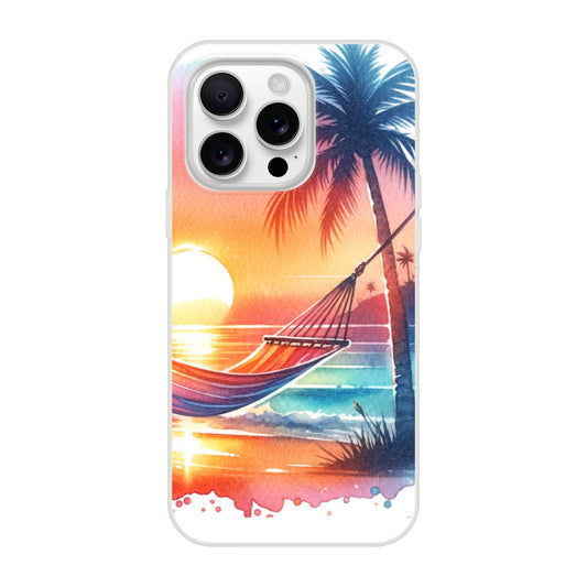 iPhone case with a tropical design featuring a hammock, palm trees, and sunset 1