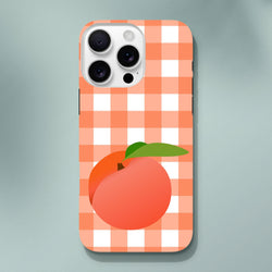 Retro peach gingham iPhone case featuring a checkered orange and white pattern with a large fruit graphic and green leaf.
