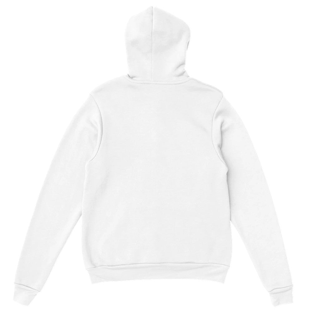 Back view of white women's cherries hoodie, a soft cotton-blend pullover.