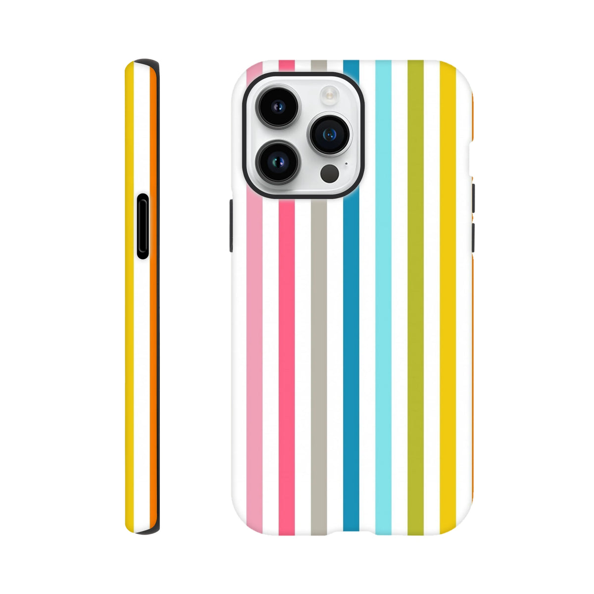 Retro rainbow vertical stripe tough iPhone case for models 13-16. Vibrant pink, blue, and yellow stripes offer bold streetwear style and durable protection.