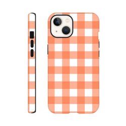 Retro orange and white gingham tough iPhone case featuring a shock-absorbing checkered design for models 13 through 16.