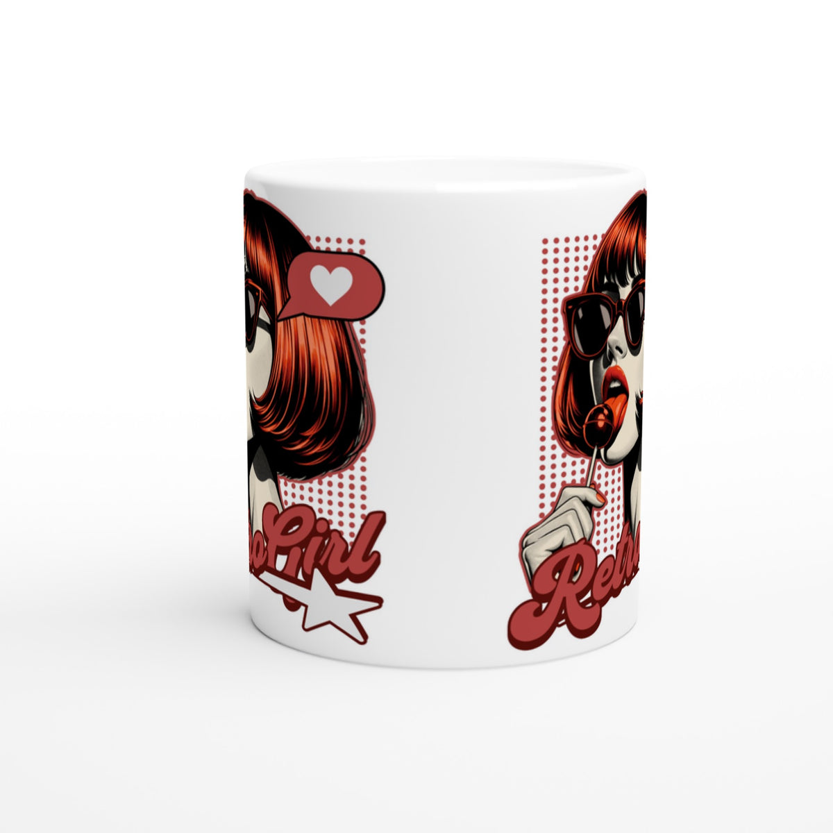 Glossy white ceramic mug featuring a red-haired retro girl in sunglasses with a heart speech bubble and star text.