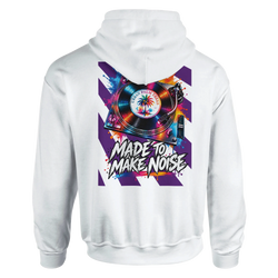 White hoodie back print featuring a colorful retro turntable graphic, Urban Palm Trees vinyl, and "Made To Make Noise" lettering.