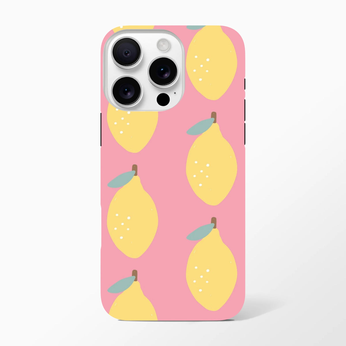 Pink tough iPhone case featuring a cute yellow lemon pattern with green leaves on a pink background for street style protection.