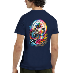 Navy t-shirt back with colorful On Boost turbo graphic, Urban Palm Trees text, and retro sunset design for modified car culture.