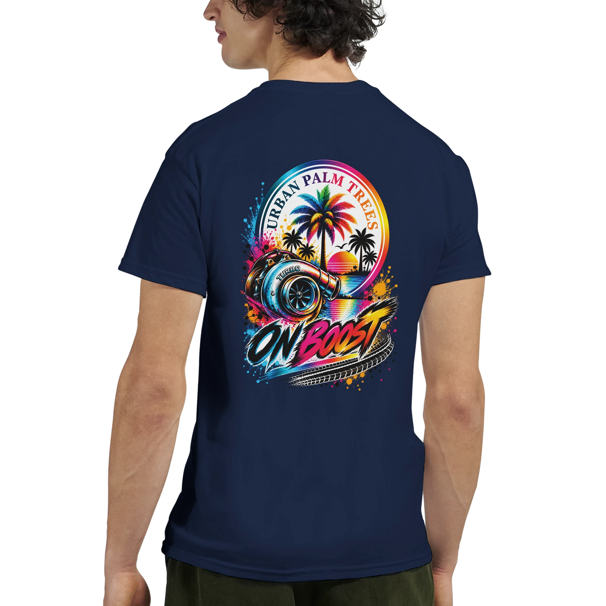 Navy t-shirt back with colorful On Boost turbo graphic, Urban Palm Trees text, and retro sunset design for modified car culture.