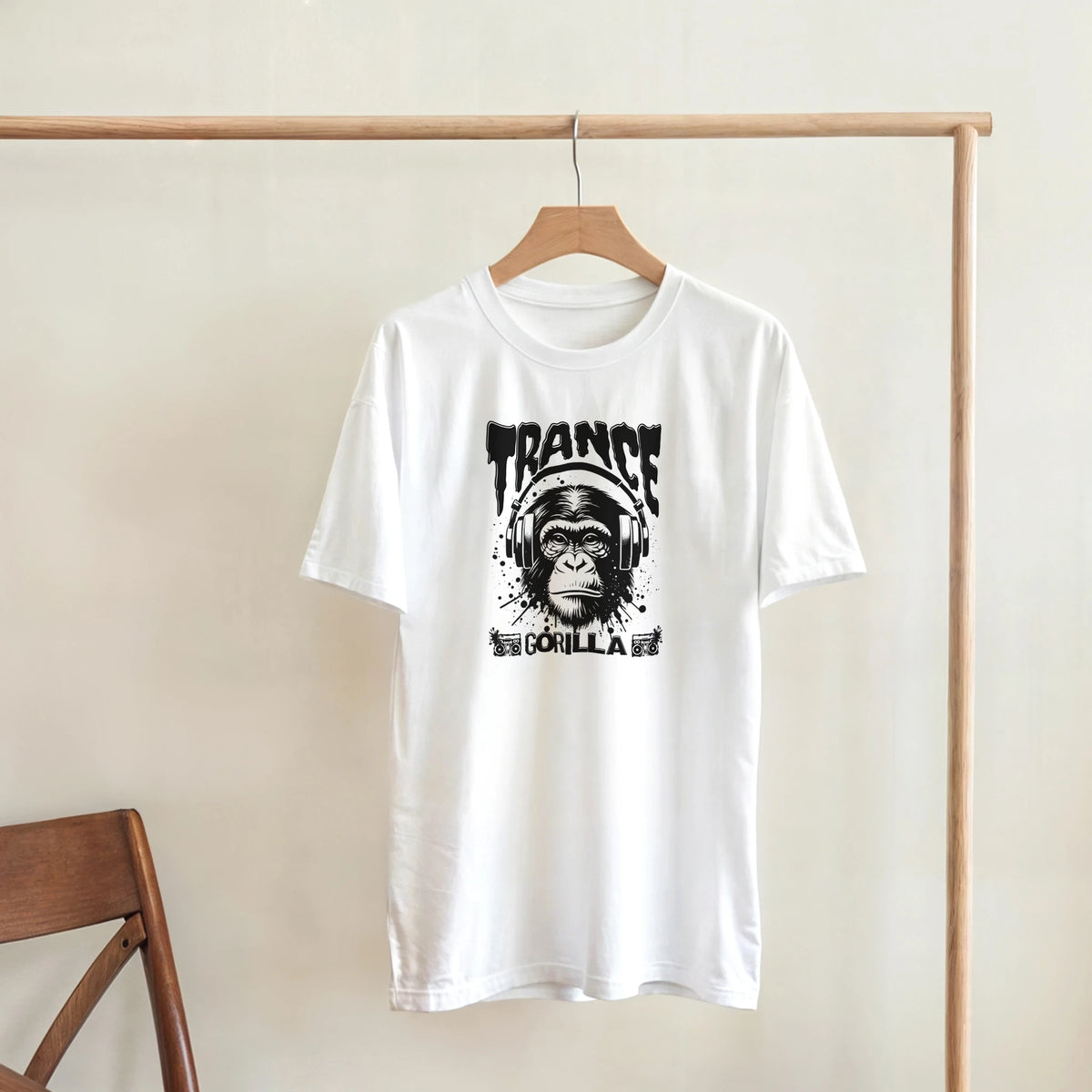 White Trance Gorilla graphic tee for men featuring a monkey with headphones and bold text, perfect for rave music and electronic culture.