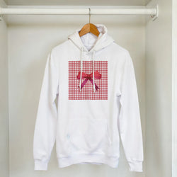 White hoodie featuring red gingham square and pink bow graphic. Cute coquette checkered pullover for women.
