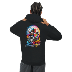 Black hoodie featuring colorful "Full Send" graphic with palm trees, sunset, and tire tracks for modified car culture.