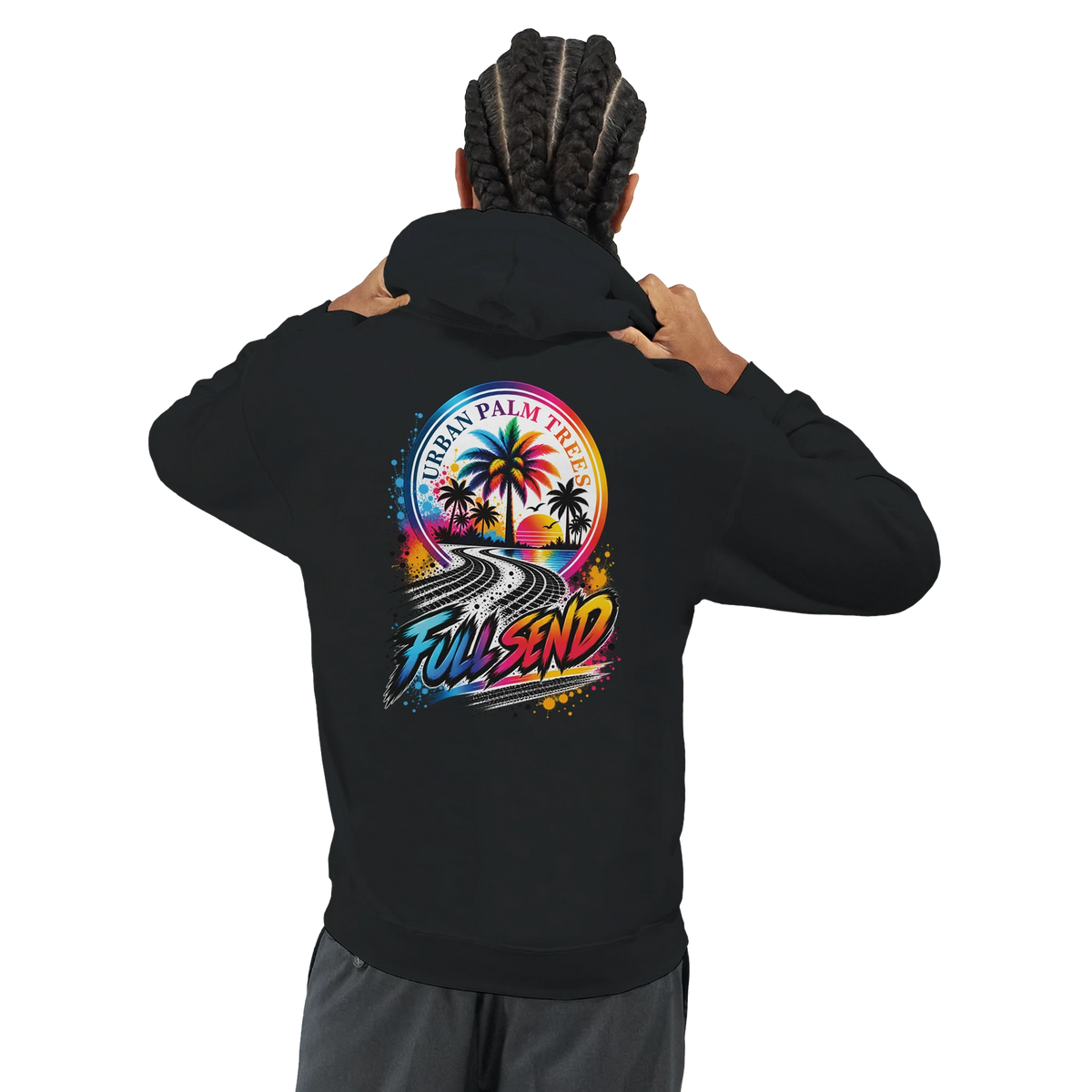Black hoodie featuring colorful "Full Send" graphic with palm trees, sunset, and tire tracks for modified car culture.