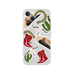 Western sticker style phone case featuring red cowboy boots, cactus, horseshoe, and longhorn skull graphics on a clear background.