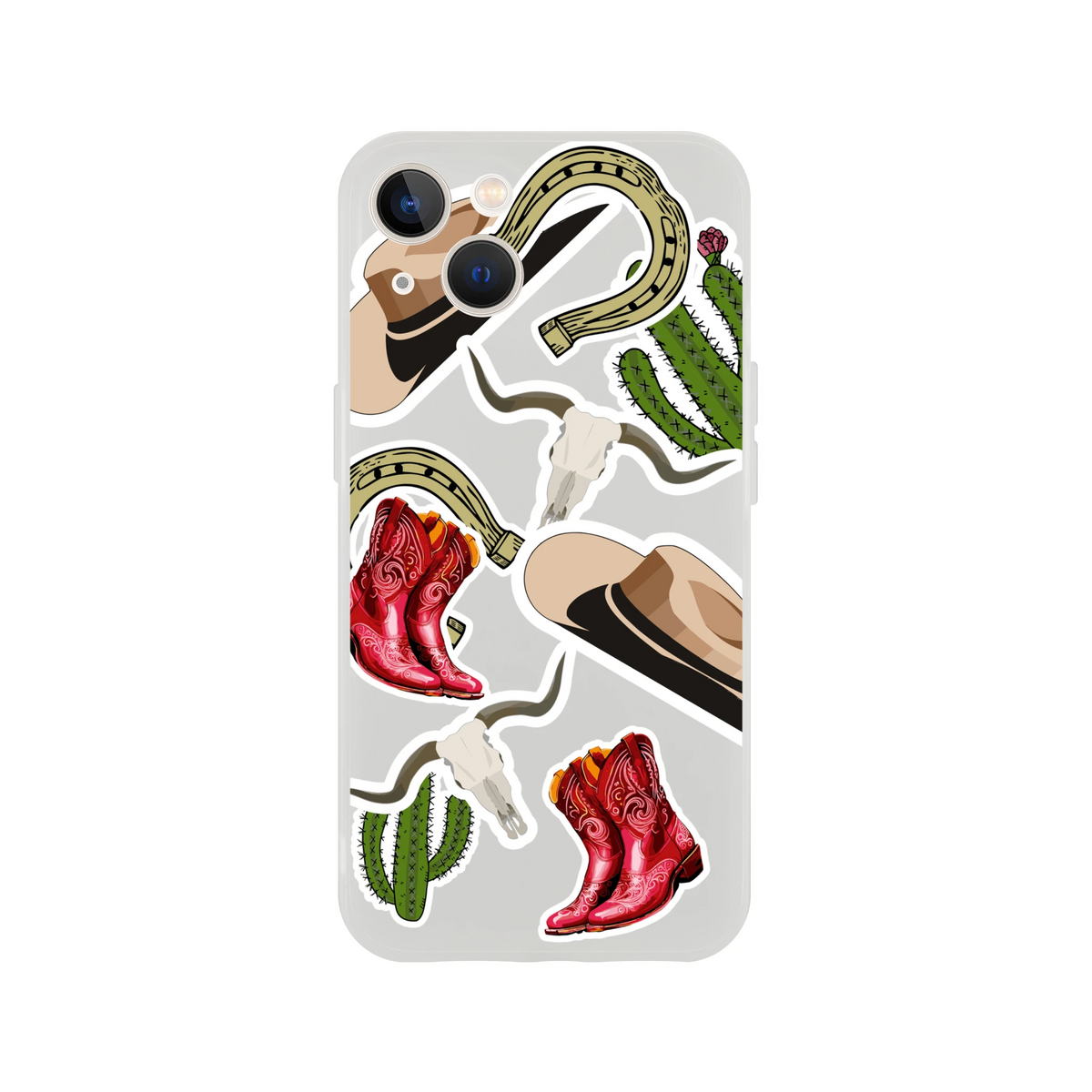 Western sticker style phone case featuring red cowboy boots, cactus, horseshoe, and longhorn skull graphics on a clear background.