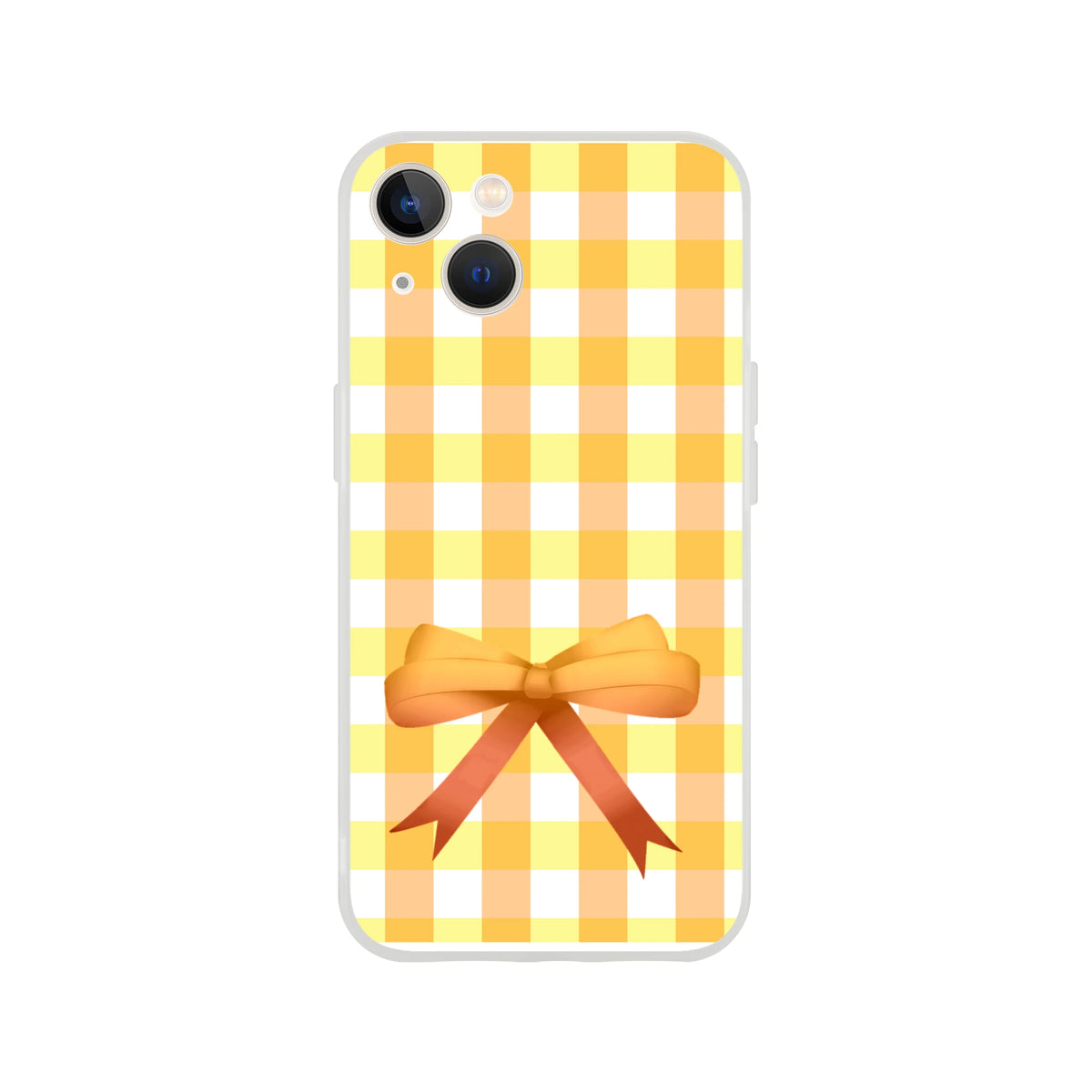 Yellow gingham bow iPhone case for 13–15 with an orange ribbon bow on a yellow checkered pattern.