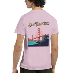 Pink San Francisco graphic tee showing Golden Gate Bridge and city skyline.