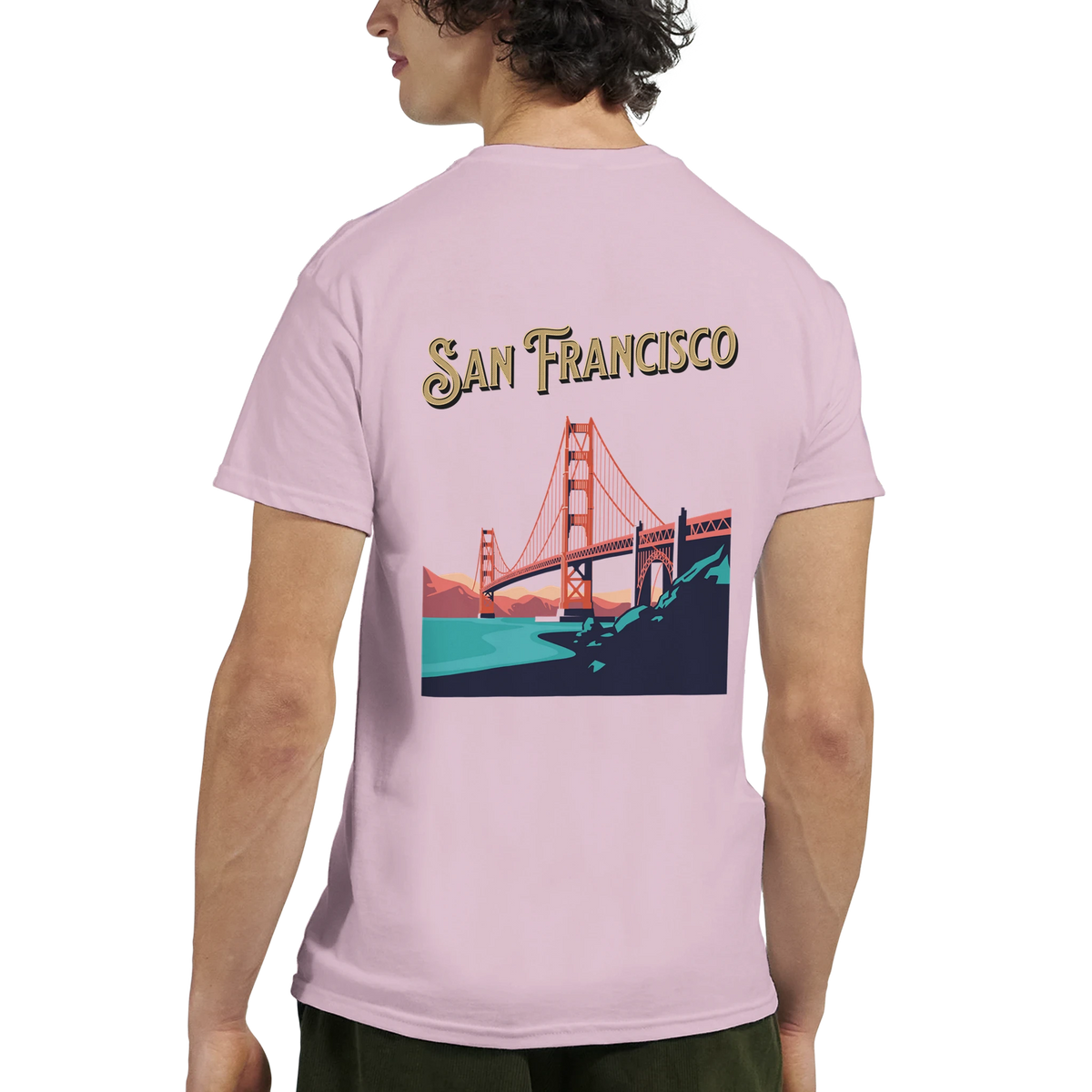Pink San Francisco graphic tee showing Golden Gate Bridge and city skyline.