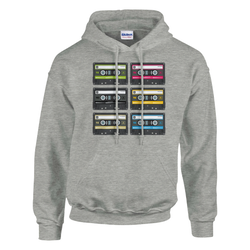 Gray men's retro cassette tape hoodie with a grid of colorful cassette tape panels on the chest.