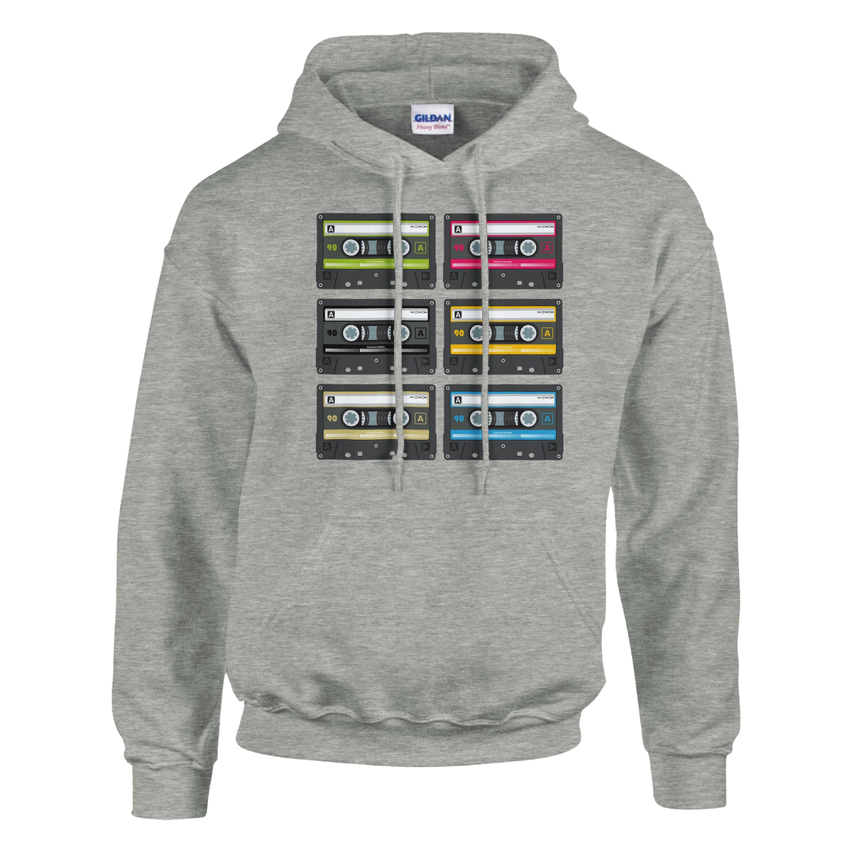 Gray men's retro cassette tape hoodie with a grid of colorful cassette tape panels on the chest.