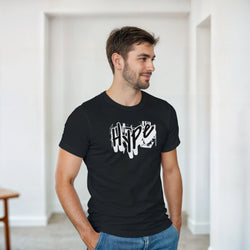 Male model in a black Urban Graffiti graphic T-shirt with white print, casual streetwear look.
