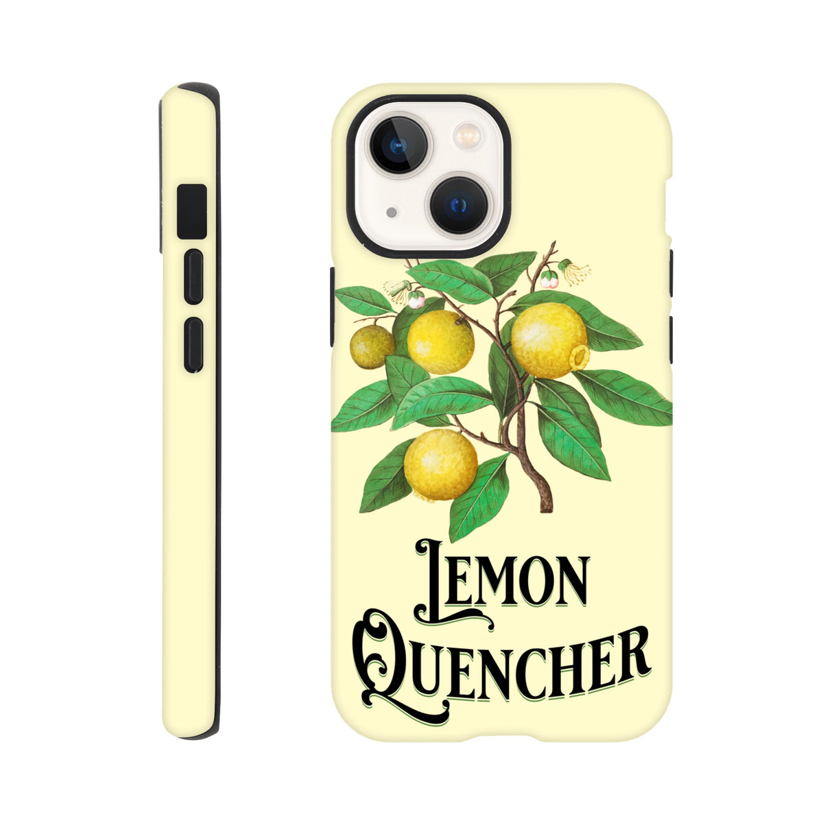 Retro lemon branch illustration phone case with vintage "Lemon Quencher" text on a cream background