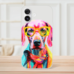 Vibrant multicolor dog illustration wearing yellow sunglasses on a clear iPhone case for 13–16.