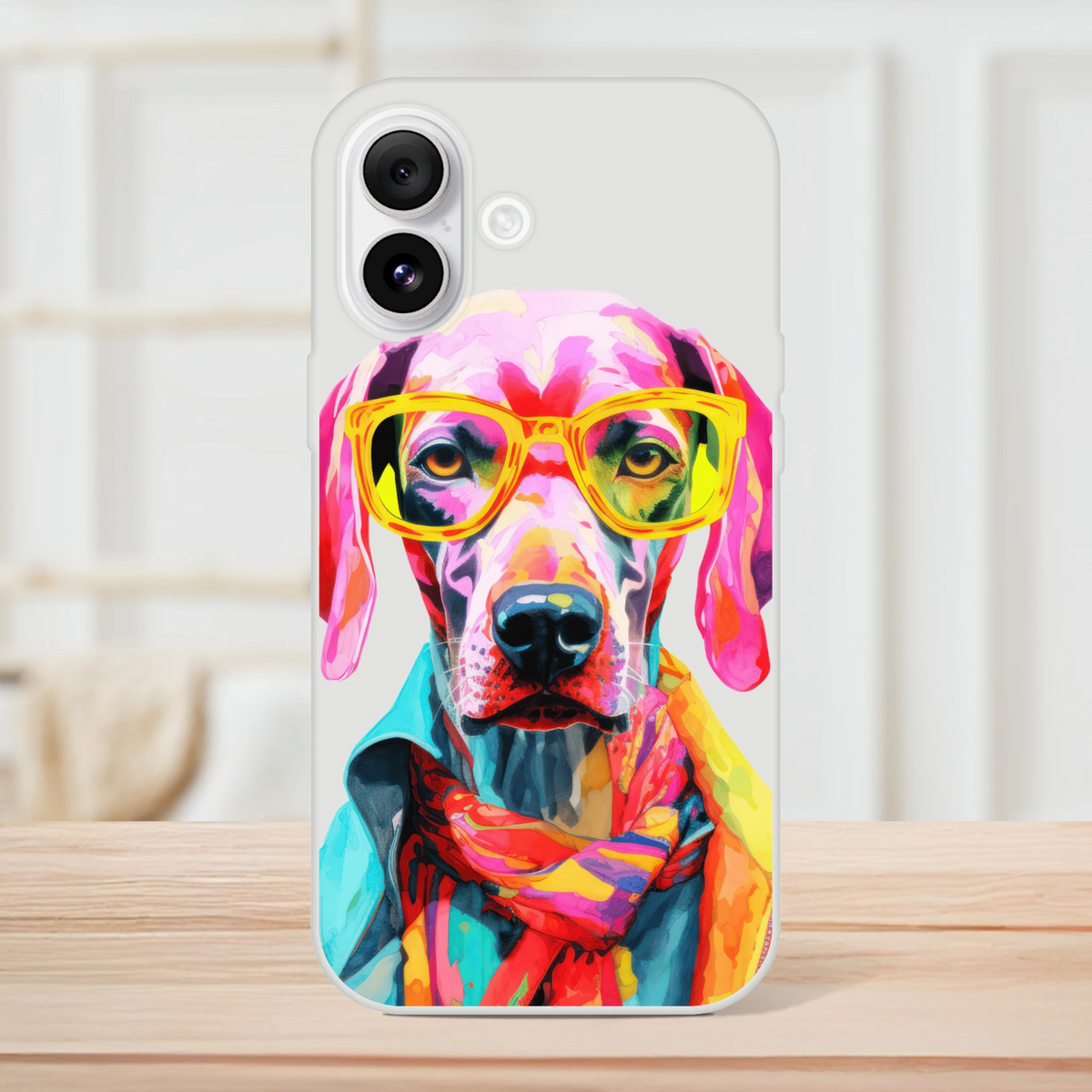 Vibrant multicolor dog illustration wearing yellow sunglasses on a clear iPhone case for 13–16.
