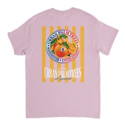Back of lavender t-shirt featuring retro striped fruit graphic with oranges and Urban Palm Trees text.