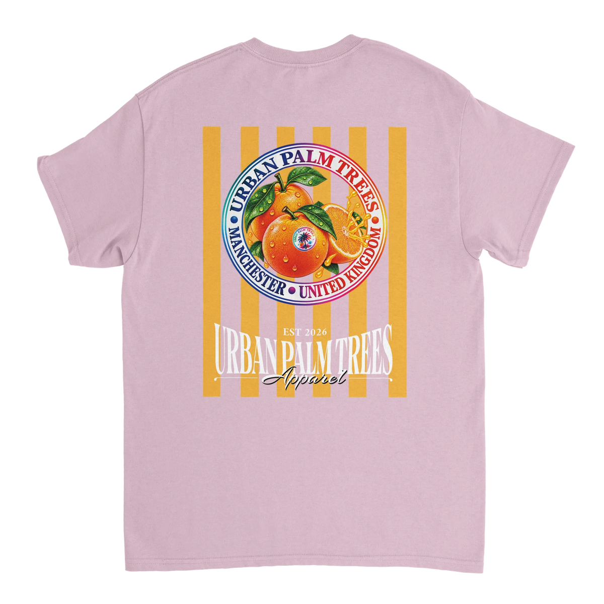 Back of lavender t-shirt featuring retro striped fruit graphic with oranges and Urban Palm Trees text.