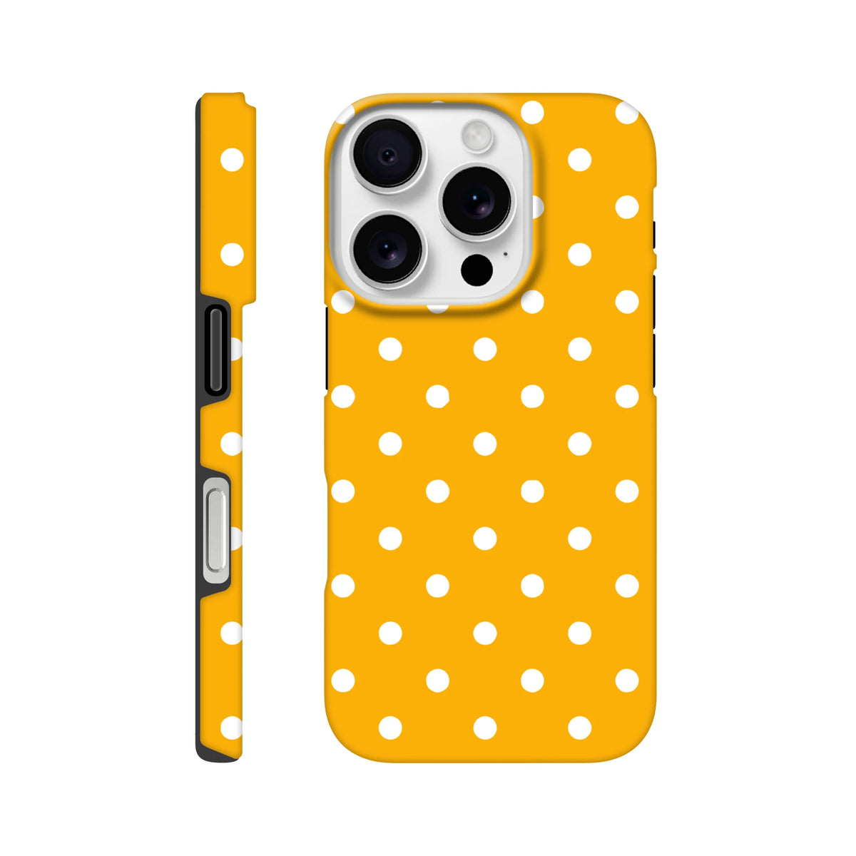 Orange white polka dot tough iPhone case with shock-absorbing dual-layer TPU shell for models 13-16.