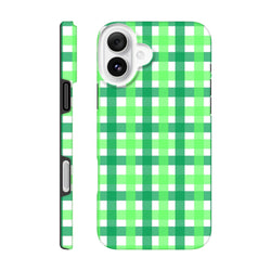 Retro green gingham iPhone case with white plaid pattern. Tough vintage phone cover for daily commutes and street style.
