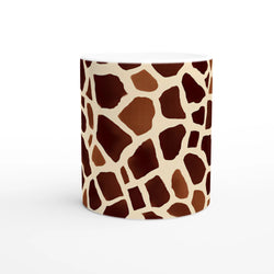 Brown giraffe-print mug with beige and dark brown patches, safari animal coffee cup.