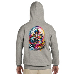 Grey men's Turbo hoodie back view featuring colorful "On Boost" graphic with turbocharger, palm trees, and retro sunset design.