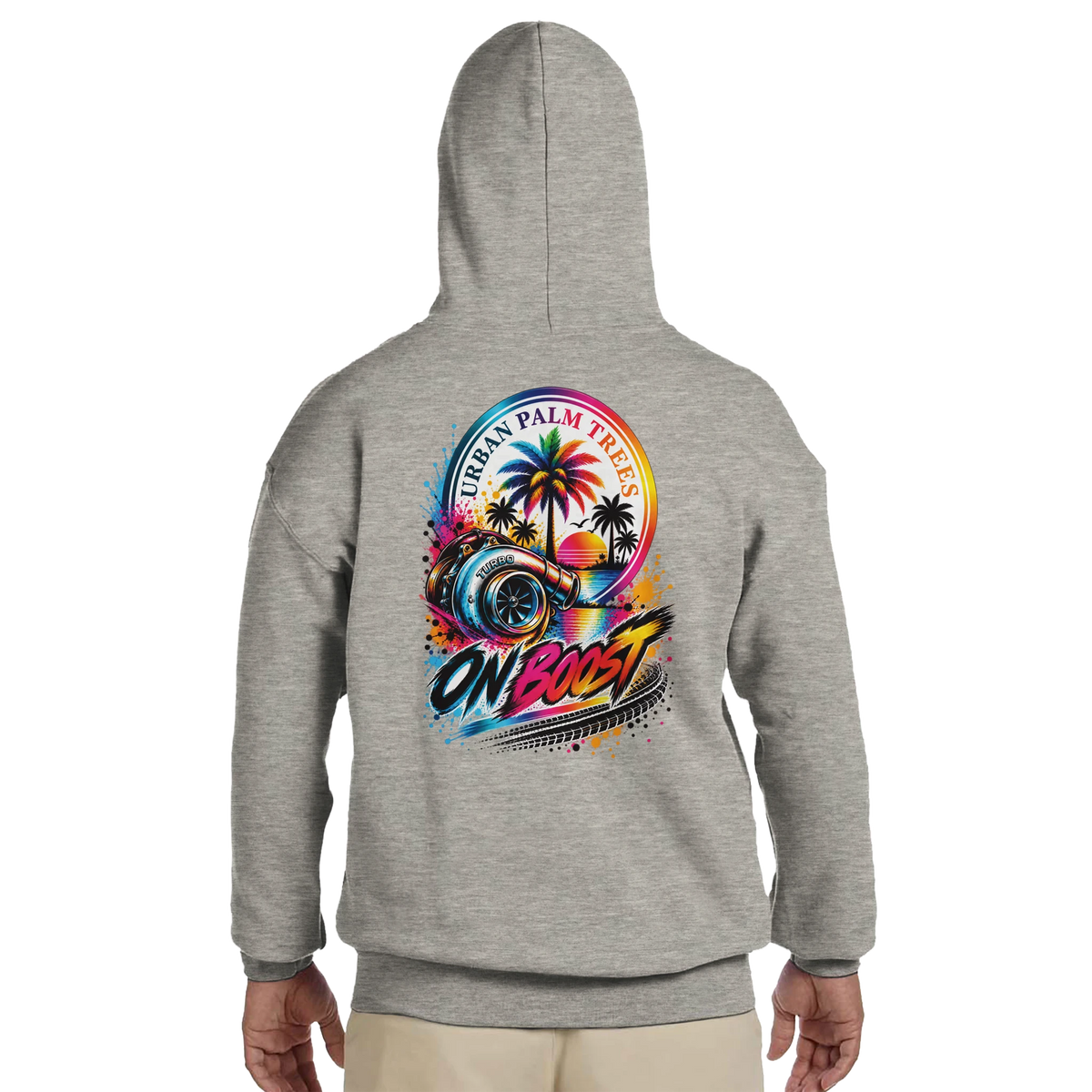 Grey men's Turbo hoodie back view featuring colorful "On Boost" graphic with turbocharger, palm trees, and retro sunset design.
