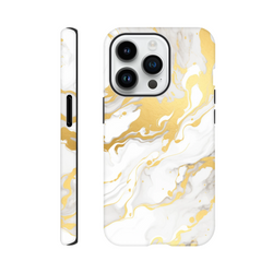 Luxury white and gold marble iPhone case featuring an abstract fluid pattern with seamless wraparound design for a premium gallery-grade finish.